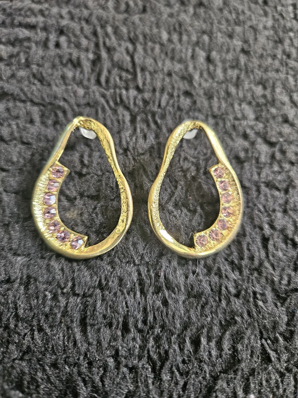 Gold Tone Teardrop Earrings Pink Rhinestone Accent Statement Earrings